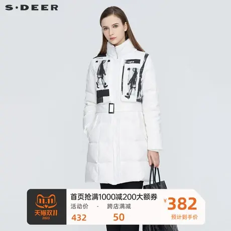 sdeer圣迪奥女装个性立领涂鸦印花收腰装长款羽绒服S20482490图片