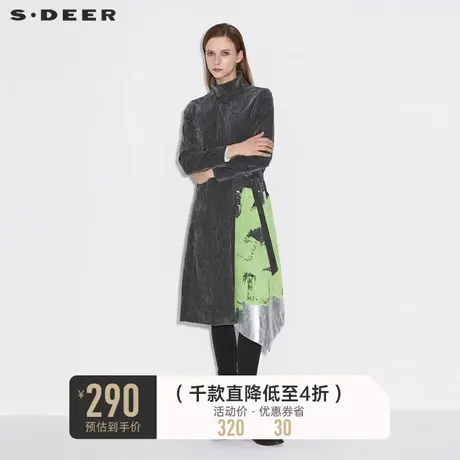 sdeer圣迪奥女装时尚立领撞色印花灯芯绒收腰长款风衣S21381827图片