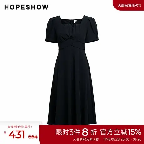 红袖夏季新款女装黑色捏褶收腰拼接正肩泡泡袖方领连衣裙图片