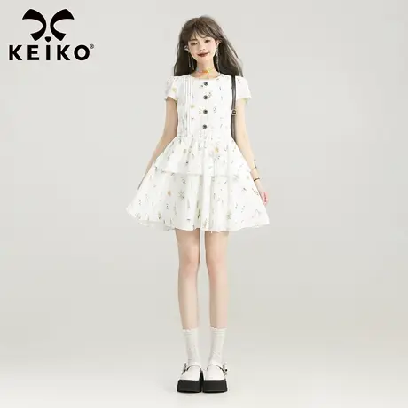 KEIKO 小清新绿植系碎花连衣裙夏日绝美系带收腰泡泡袖短裙小白裙图片