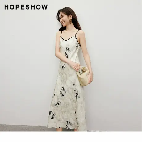 红袖法式茶歇连衣裙显瘦hopeshow2024秋新款墨影印花气质印花裙图片