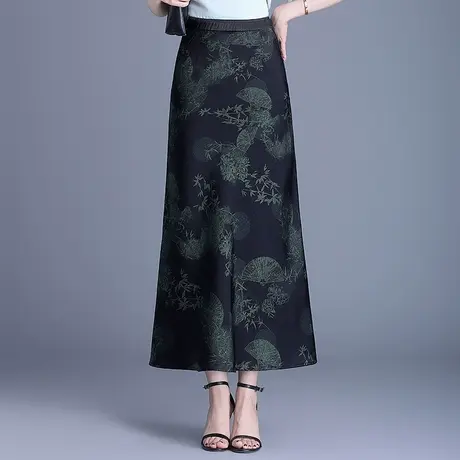 新中式缎面印花半身裙女2025夏季新款高腰显瘦开叉包臀鱼尾裙长裙图片