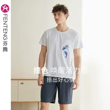 芬腾男士睡衣夏季短袖圆领套头短裤可外穿全棉休闲青年家居服套装图片