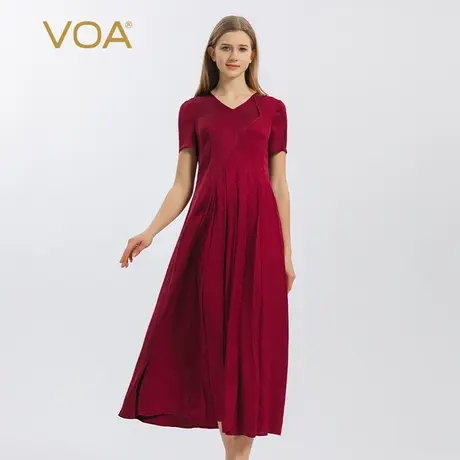 VOA40姆米双面缎桑蚕丝暗红色V领短袖拼接育克褶气质真丝连衣裙图片