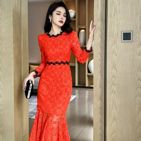 气质轻奢名媛风绝美蕾丝连衣裙女装收腰显瘦女神范圆领包臀鱼尾裙图片