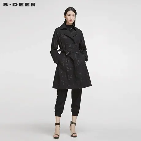 sdeer圣迪奥春秋翻领双排扣腰带中长款黑色风衣大衣女S20181705图片