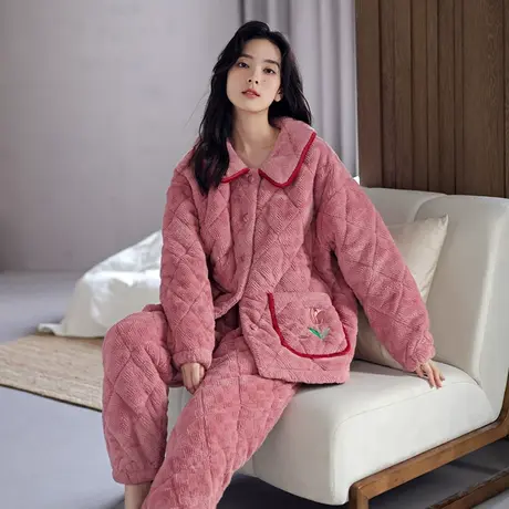 婷美秋冬款睡衣女三层夹棉加厚加绒冬季保暖珊瑚绒家居服外穿套装图片