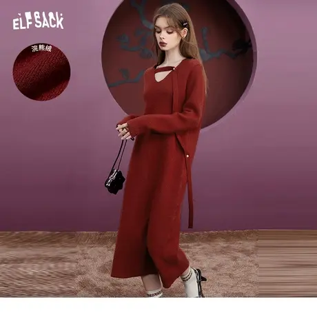 妖精的口袋镂空长袖连衣裙女2023冬季新款显白长款设计感圣诞穿搭图片