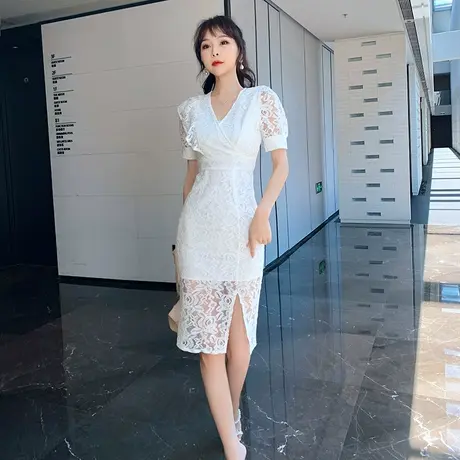 轻熟风蕾丝V领早秋气质连衣裙女泡泡袖高腰修身高级感开叉包臀裙图片