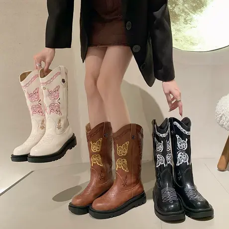 辣妹瘦瘦靴女长靴2023秋季复古超火网红显腿长刺绣高筒气质西部靴图片