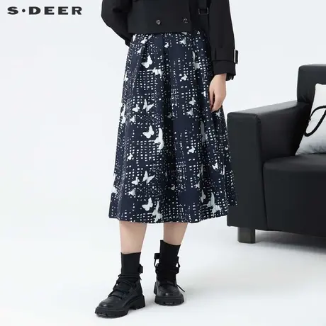 【直播秀】sdeer圣迪奥女文艺休闲撞色印花百褶A字伞裙S24181109图片