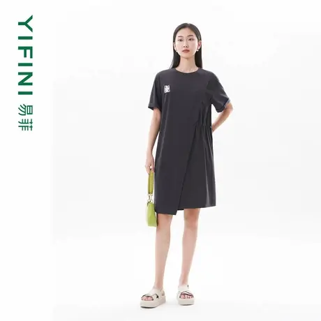 [专柜同款]Yifini/易菲宽松直筒抽绳H型短袖连衣裙女夏装新款图片
