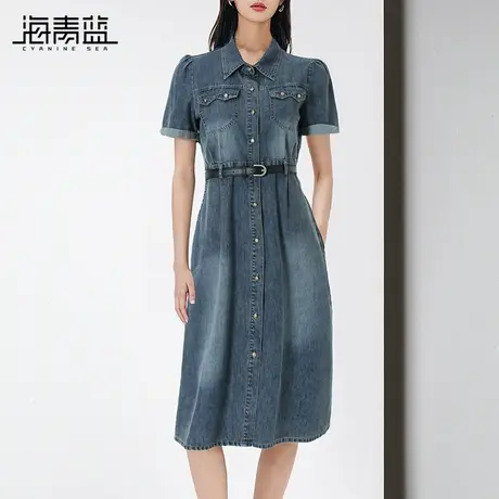 海青蓝复古水洗牛仔连衣裙女2024夏季新款polo领修身通勤中长裙子图片