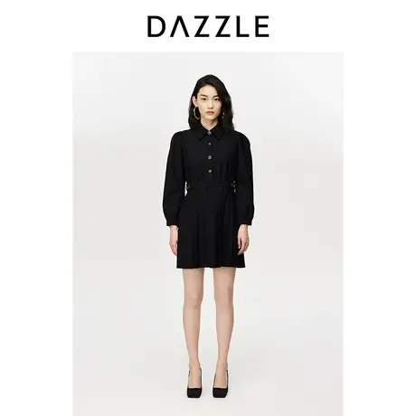 【昕怡粉丝专享】DAZZLE地素奥莱 黑色泡泡袖收腰百褶西装连衣裙图片