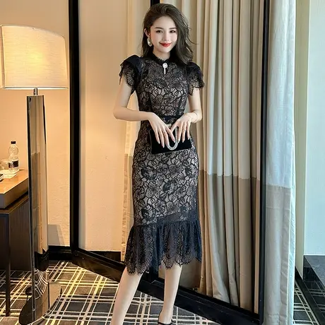 新中式黑色蕾丝连衣裙优雅独特小众设计感气质名媛短袖不规则裙子图片