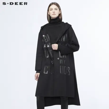 sdeer圣迪奥女装酷感休闲撞色字母个性印胶纯黑连帽大衣S18481877图片