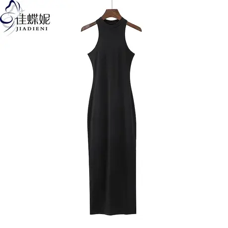 夏季新款韩版圆领修身显瘦性感纯欲开叉长款内搭打底背心连衣裙女图片