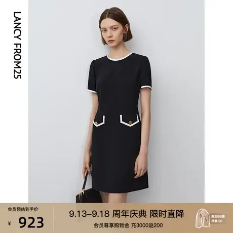 朗姿法式复古黑色小香风连衣裙2023年秋季新款气质短袖裙子高级感图片