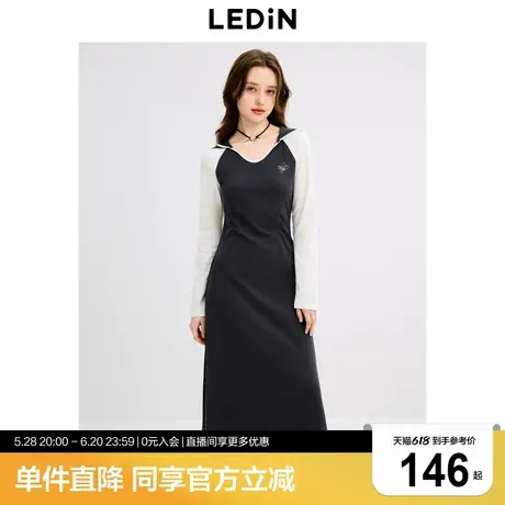 乐町学院风针织连衣裙年秋季新款V领连帽显瘦抽褶撞色长裙图片