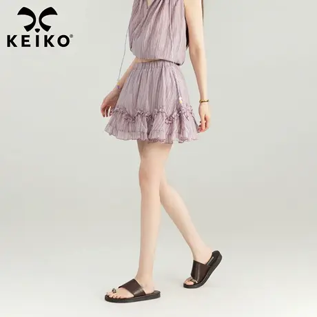 KEIKO 轻盈扎染紫色荷叶边半身裙夏季立体感木耳花边高腰A字短裙图片