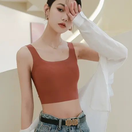 大U型形美背内衣带胸垫女夏薄款大胸显小背心式文胸露背抹胸上衣图片