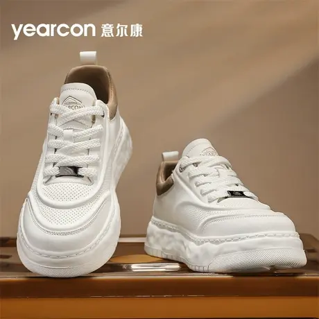 意尔康男鞋2025新款秋季透气打孔潮流小白鞋男士真皮厚底增高板鞋商品大图