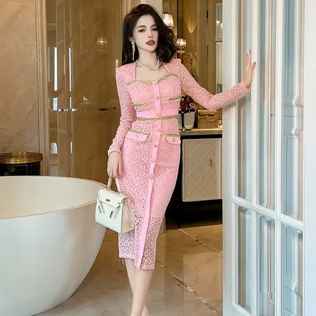 小香风职业正式场合长袖连衣裙女装高级感穿搭绝美修身包臀蕾丝裙图片