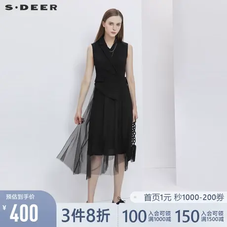 sdeer圣迪奥女夏季休闲网纱拼接收腰无袖小众设计连衣裙S21281251图片