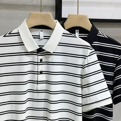抗皱冰丝棉黑白条纹翻领Polo衫男2023夏季休闲有领衣服短袖t恤男图片