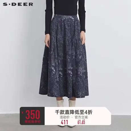 sdeer圣迪奥女装复古印花碎褶不规则A字伞裙S233Z1146图片