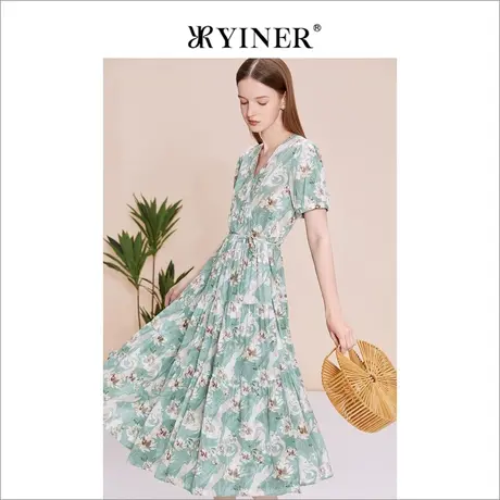 YINER音儿女装夏季含桑蚕丝印花度假风茶歇裙连衣裙图片