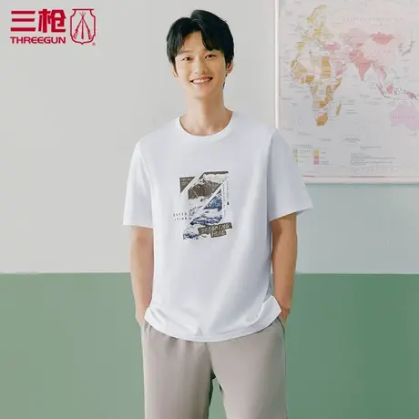 三枪T恤男夏印花纯棉短袖水柔棉圆领男士汗衫青年白色休闲23499商品大图