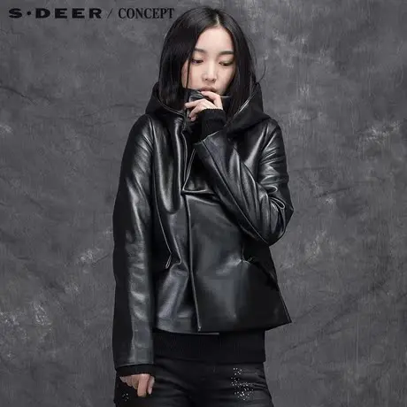 sdeer圣迪奥女装几何PU拼接设计感连帽外套S15482254图片