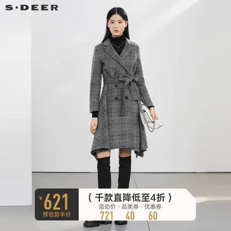 sdeer圣迪奥女装秋冬外套领格纹收腰千金毛呢长款大衣S22482513图片
