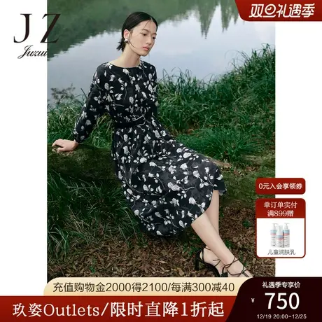 JZ玖姿玫瑰印花雪纺连衣裙女装2023春季新款显瘦收腰裙子黑色图片