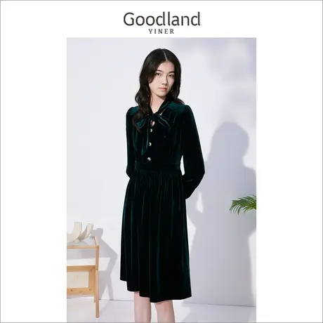 音儿美地女装2022冬季新款蝴蝶结金丝绒高级感茶歇连衣裙图片