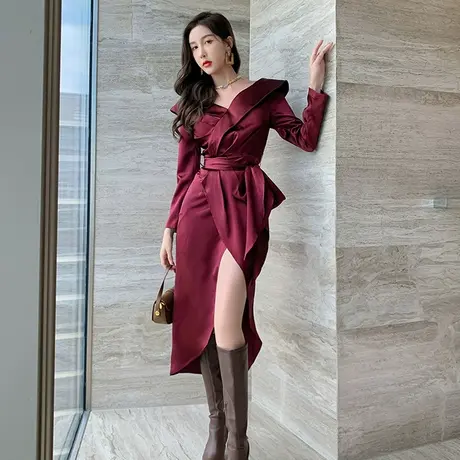酒红色醋酸气质早秋高级感优雅女装连衣裙小众设计感裹身裙A字裙图片