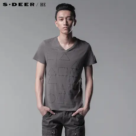 sdeerhe圣迪奥  专柜正品 男装夏 V领几何印花男士短袖T恤3270105图片
