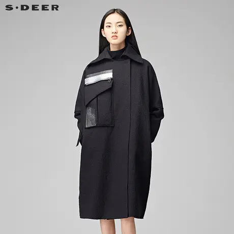 sdeer圣迪奥2018冬装女宽松纯色飘带设计中长款呢大衣Y17481803图片
