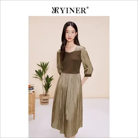 YINER音儿女装夏季法式优雅方领针织蚕丝茶歇连衣裙图片