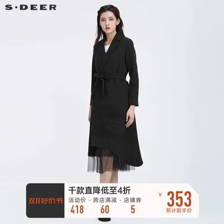 sdeer圣迪奥秋装西装领双排扣收腰通勤中长款风衣S22181806图片