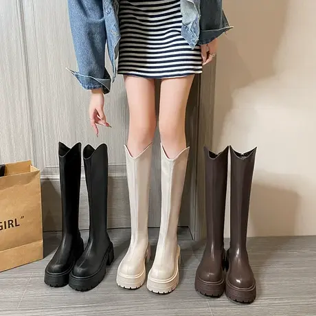 复古厚底长筒靴女2023新款百搭粗跟显瘦v口网红春秋小个子骑士靴图片
