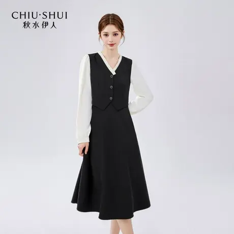 秋水伊人法式连衣裙女装秋季新款高级感通勤假两件收腰黑色连身裙图片