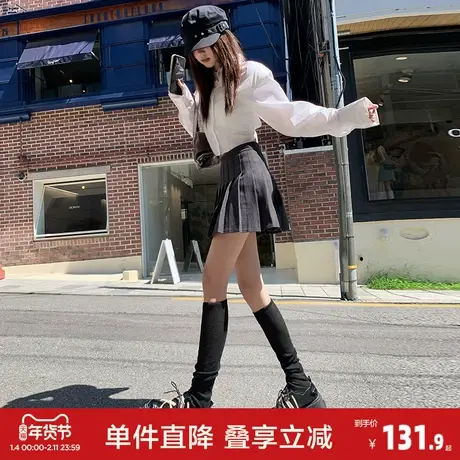 唐狮甜酷风毛呢百褶半身裙女秋冬新款高腰显瘦百搭学生a字短裙GT图片