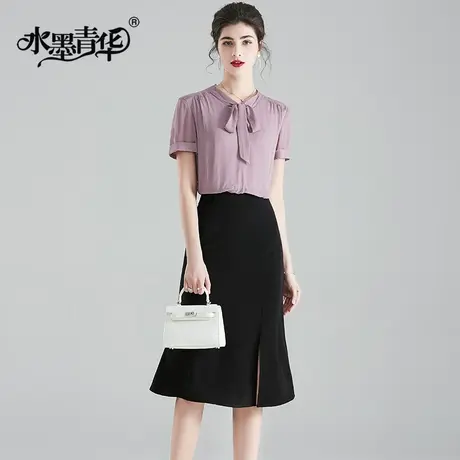 【1件7.9折】夏装新品时尚假两件连衣裙简约优雅短袖拼接一步裙女图片