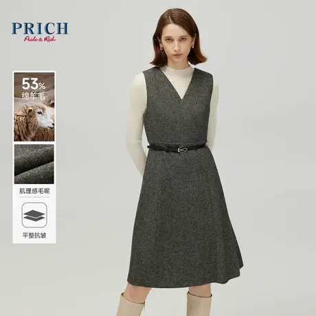 【绵羊毛混纺】PRICH冬新款斜纹肌理修身立裁无袖修身连衣裙女图片