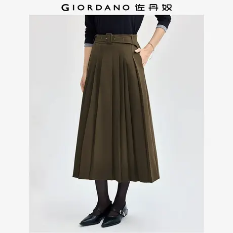 佐丹奴裙子女装磨毛日字扣腰带梭织百褶半身长裙 05464696图片