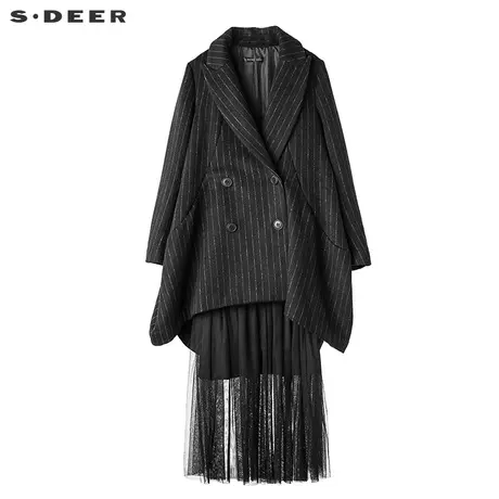 sdeer圣迪奥2018冬英伦格纹裁剪拼接纱裙毛呢大衣两件套S17481873图片