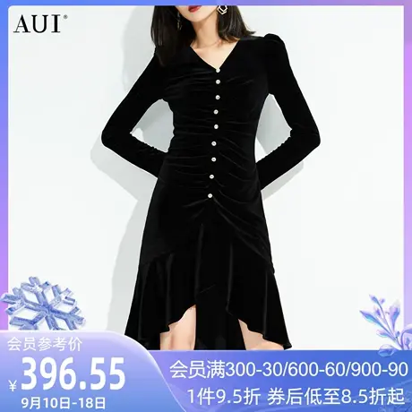 AUI法式名媛丝绒V领连衣裙女秋冬2023新款设计感黑色年会鱼尾裙子图片