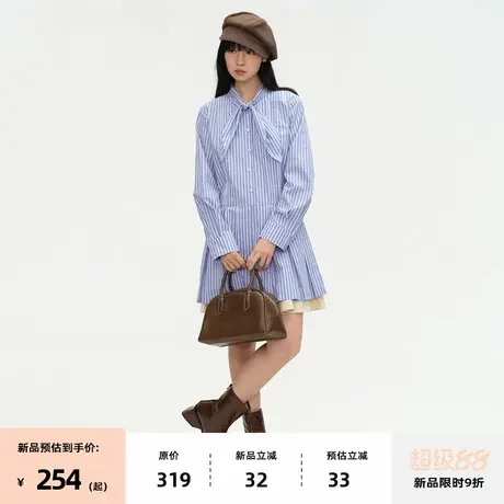 【8/07 0点新品9折】omont蛋挞家复古通勤撞色条纹长袖衬衫裙子图片